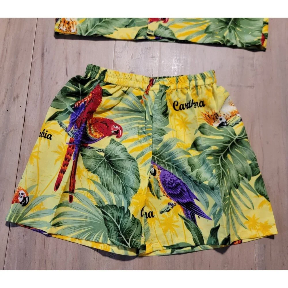 Vintage YMLA Shorts Set Cartegena Colombia Tropical Parrots Silk Feel Sz Boys 10